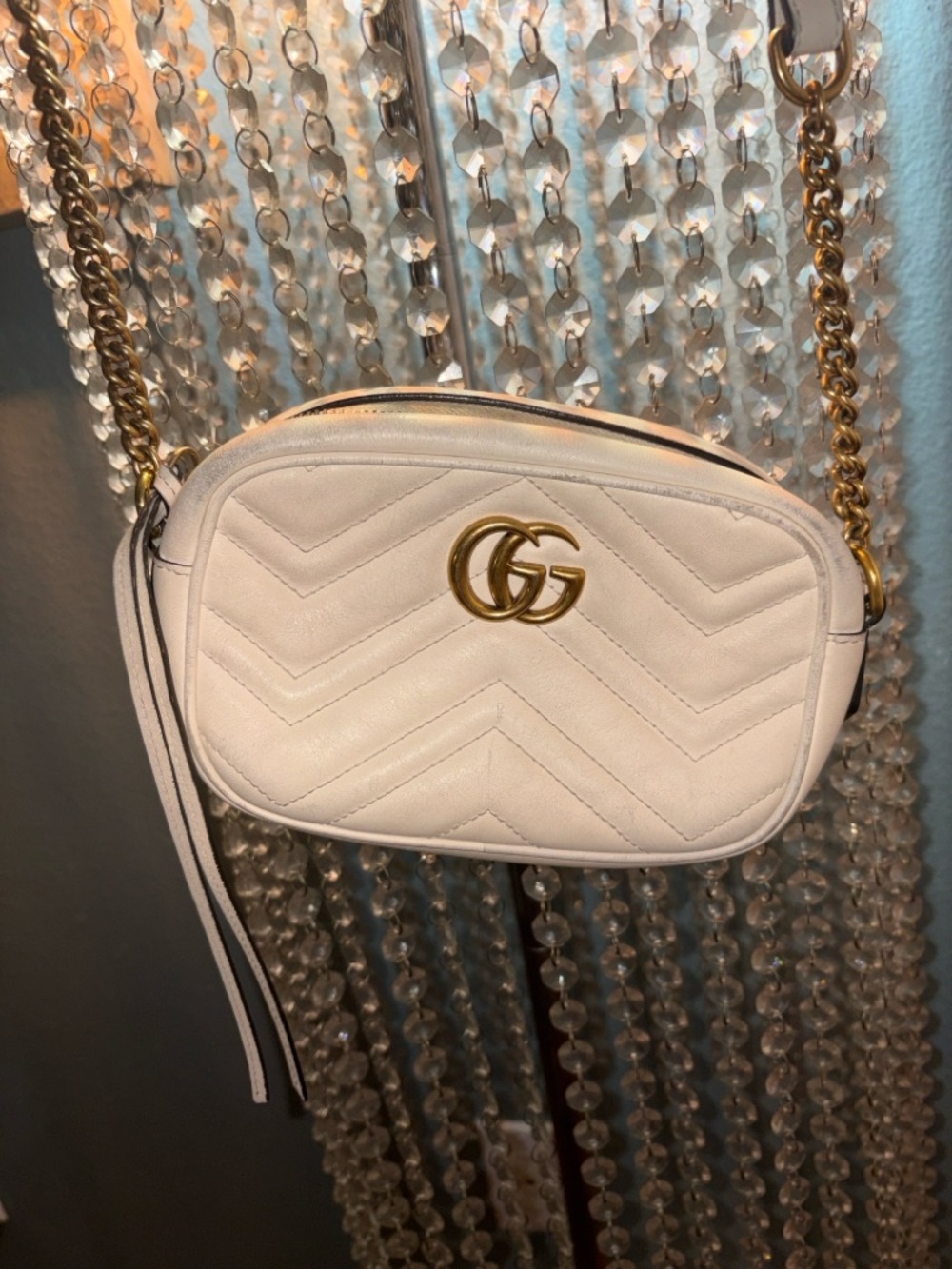 Gucci White Chevron Quilted Crossbody with Gold Double G Chain